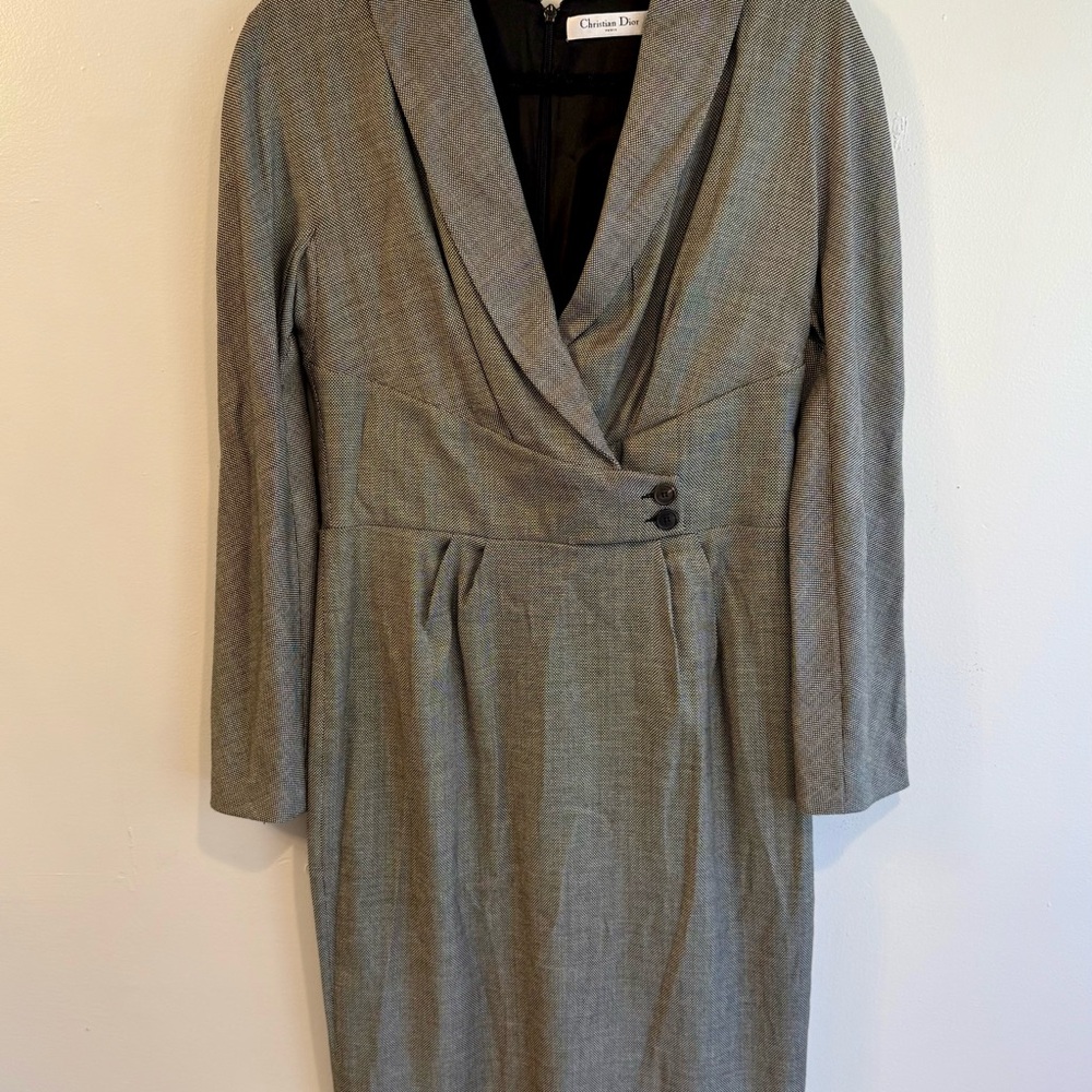 Authentic Christian Dior Gray Houndstooth Wool-Blend Dress - Silk Lined